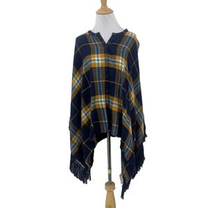 Volcom Poncho Womens XS/S Navy Plaid Cotton Button Front Tassel Fringe Trimmed